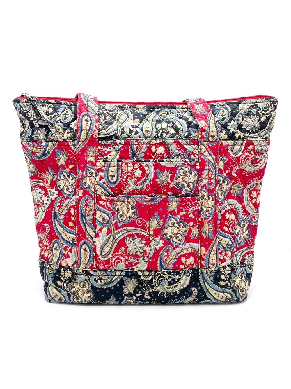 Lily Waters Quilted Paisley Tote Bag Red Blue Cotton Zip Top Shoulder Purse VTG